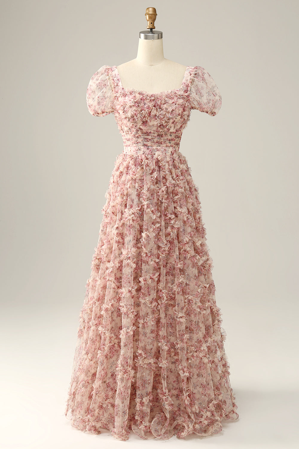Vestido de graduación cuello cuadrado rosa