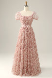 Vestido de graduación cuello cuadrado rosa