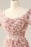Vestido de graduación cuello cuadrado rosa