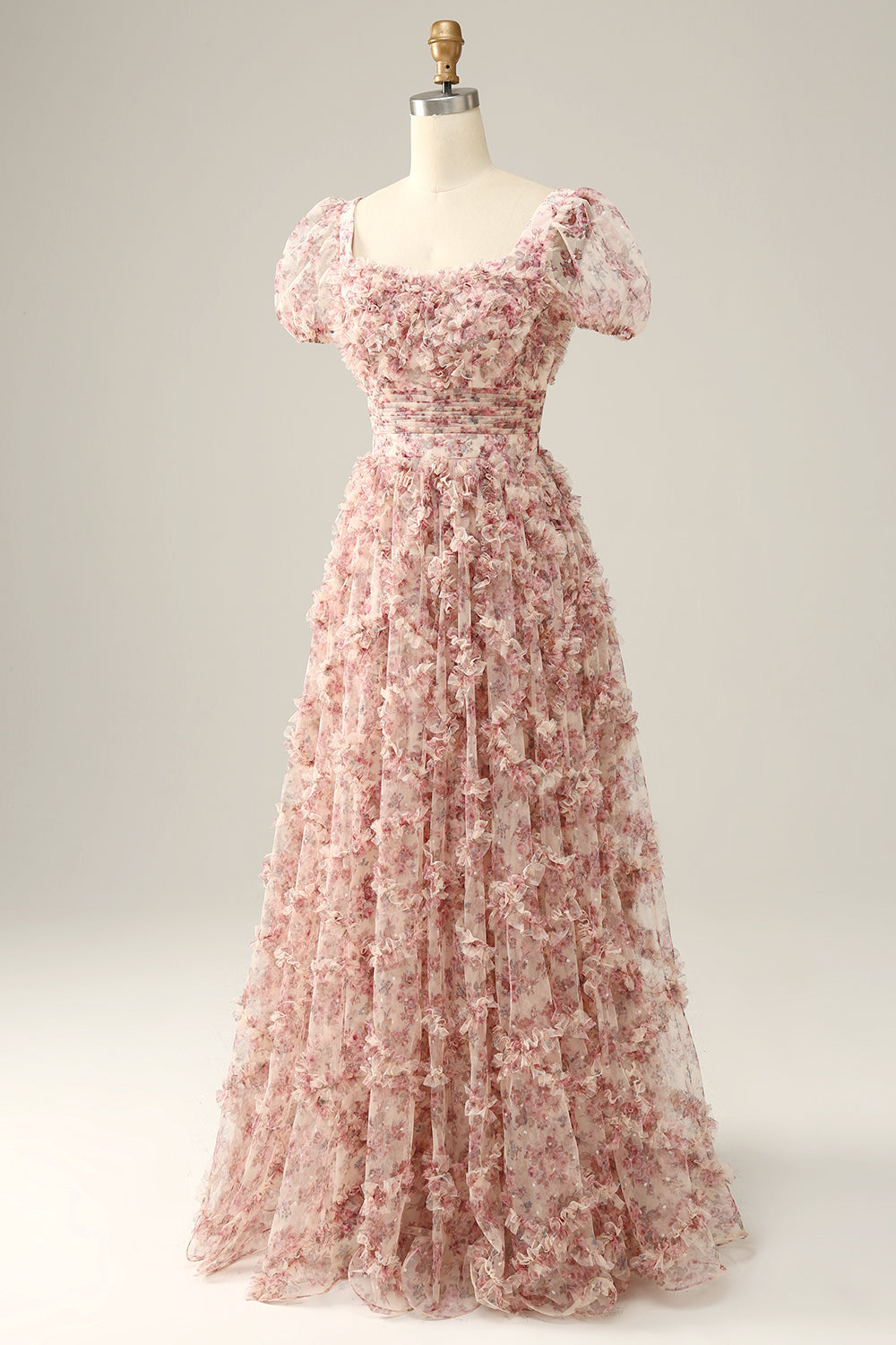 Vestido de graduación cuello cuadrado rosa