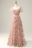 Vestido de graduación cuello cuadrado rosa