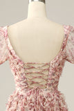 Vestido de graduación cuello cuadrado rosa