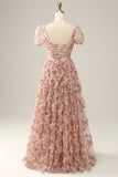 Vestido de graduación cuello cuadrado rosa