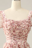 Vestido de graduación cuello cuadrado rosa