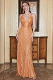 Vestido de fiesta de lentejuelas sirena sin espalda naranja
