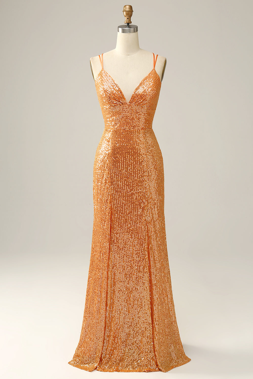 Vestido de fiesta de lentejuelas sirena sin espalda naranja