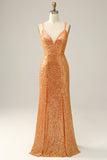 Vestido de fiesta de lentejuelas sirena sin espalda naranja