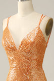 Vestido de fiesta de lentejuelas sirena sin espalda naranja