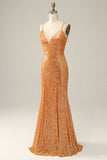 Vestido de fiesta de lentejuelas sirena sin espalda naranja