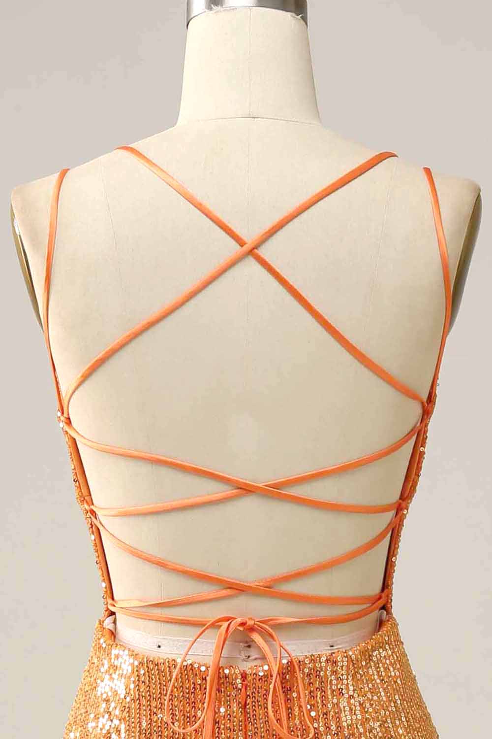 Vestido de fiesta de lentejuelas sirena sin espalda naranja