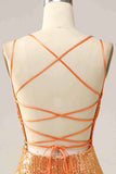 Vestido de fiesta de lentejuelas sirena sin espalda naranja
