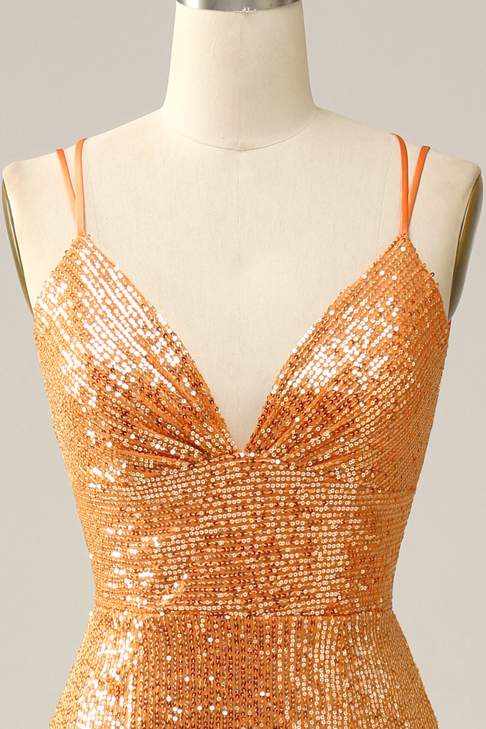 Vestido de fiesta de lentejuelas sirena sin espalda naranja