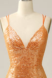 Vestido de fiesta de lentejuelas sirena sin espalda naranja