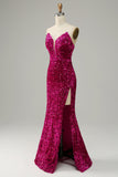 Vestido de lentejuelas sin tirantes fucsia