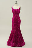 Fucsia  Lentejuelas Tirantes de Espagueti Sirena Vestido de Fiesta