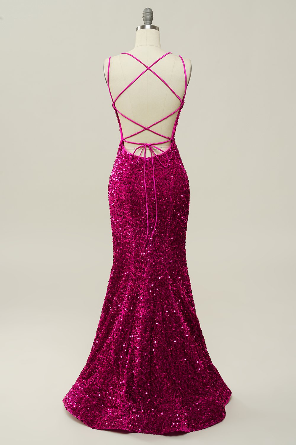 Fucsia  Lentejuelas Tirantes de Espagueti Sirena Vestido de Fiesta
