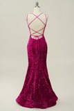 Fucsia  Lentejuelas Tirantes de Espagueti Sirena Vestido de Fiesta