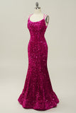 Fucsia  Lentejuelas Tirantes de Espagueti Sirena Vestido de Fiesta