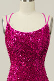 Fucsia  Lentejuelas Tirantes de Espagueti Sirena Vestido de Fiesta