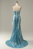 Vestido de fiesta de sirena de lentejuelas azul cielo con plumas