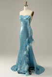 Vestido de fiesta de sirena de lentejuelas azul cielo con plumas