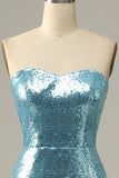 Vestido de fiesta de sirena de lentejuelas azul cielo con plumas