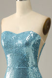 Vestido de fiesta de sirena de lentejuelas azul cielo con plumas