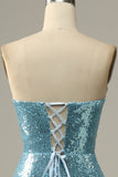 Vestido de fiesta de sirena de lentejuelas azul cielo con plumas