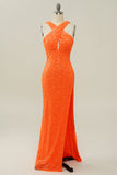 Naranja Halter Lentejuelas Sin Espalda Vestido de Fiesta
