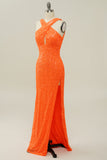 Naranja Halter Lentejuelas Sin Espalda Vestido de Fiesta