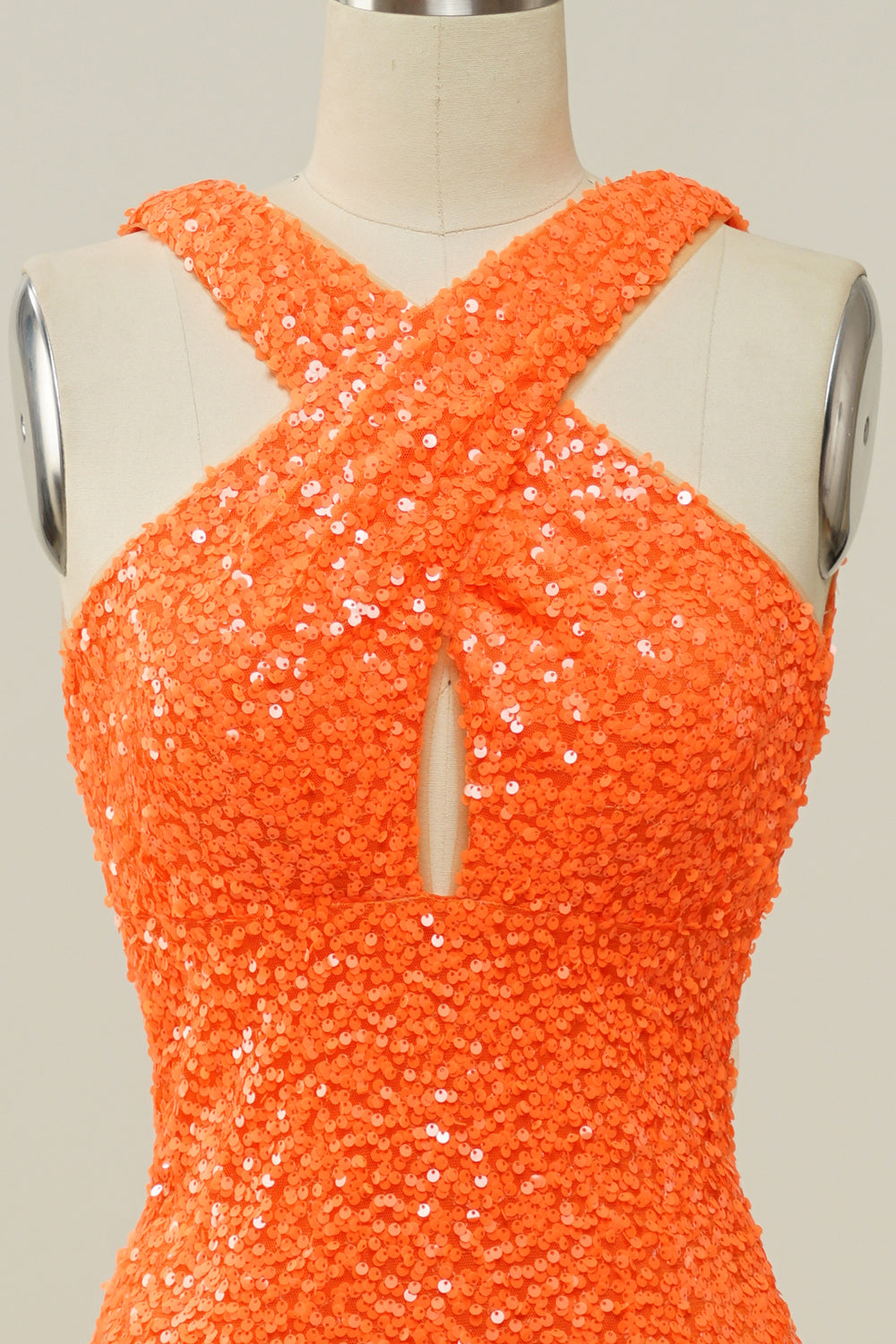 Naranja Halter Lentejuelas Sin Espalda Vestido de Fiesta