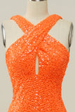 Naranja Halter Lentejuelas Sin Espalda Vestido de Fiesta