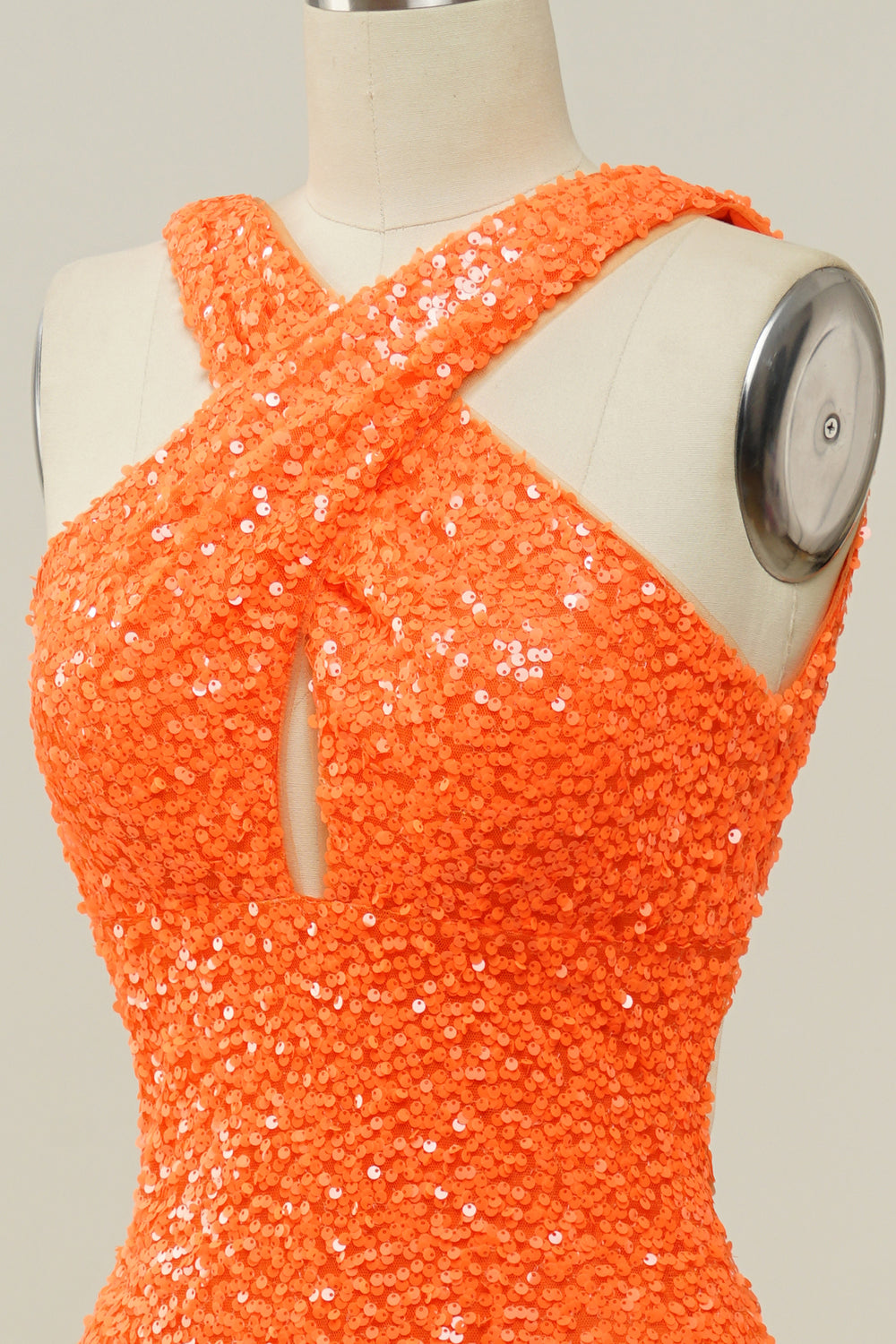 Naranja Halter Lentejuelas Sin Espalda Vestido de Fiesta