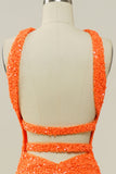 Naranja Halter Lentejuelas Sin Espalda Vestido de Fiesta