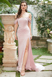 Rosa Hombro Descubierto Sirena Vestido de Fiesta