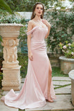 Rosa Hombro Descubierto Sirena Vestido de Fiesta