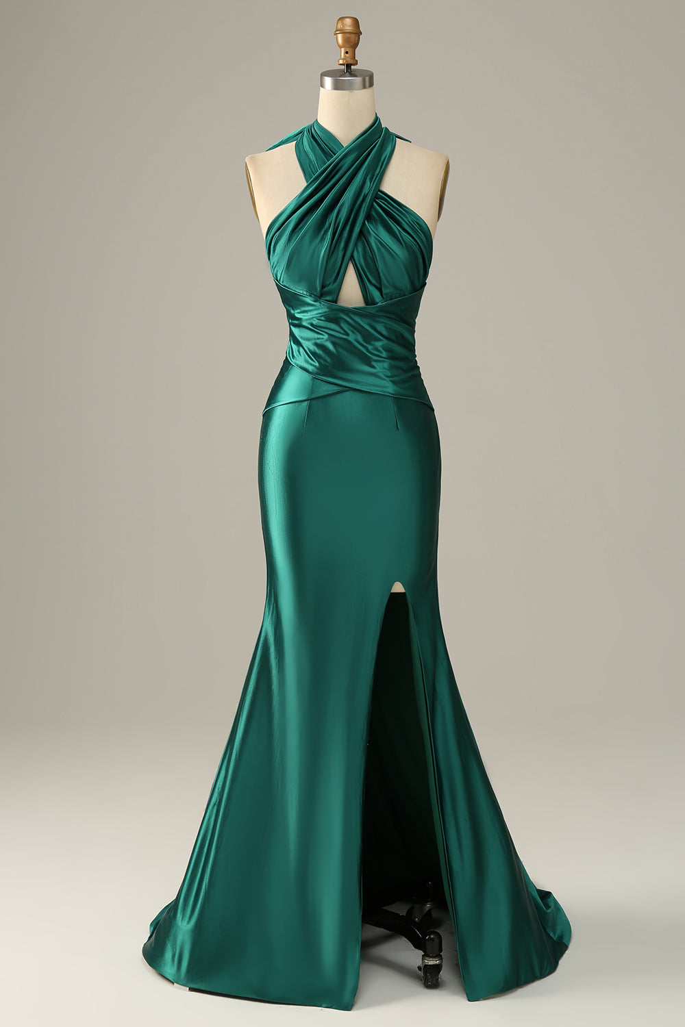Vestido de fiesta de sirena verde oscuro halter