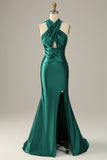 Vestido de fiesta de sirena verde oscuro halter