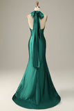 Vestido de fiesta de sirena verde oscuro halter