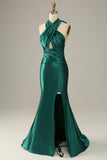 Vestido de fiesta de sirena verde oscuro halter