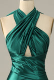Vestido de fiesta de sirena verde oscuro halter