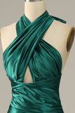 Vestido de fiesta de sirena verde oscuro halter