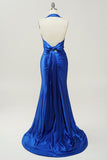 Azul Real Halter Vestido de Fiesta Sin Espalda