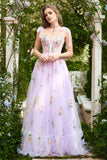A-Línea Lilac Vestido Largo de Graduación Con Bordado