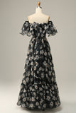 Flor negro hombro descubierto vestido de fiesta