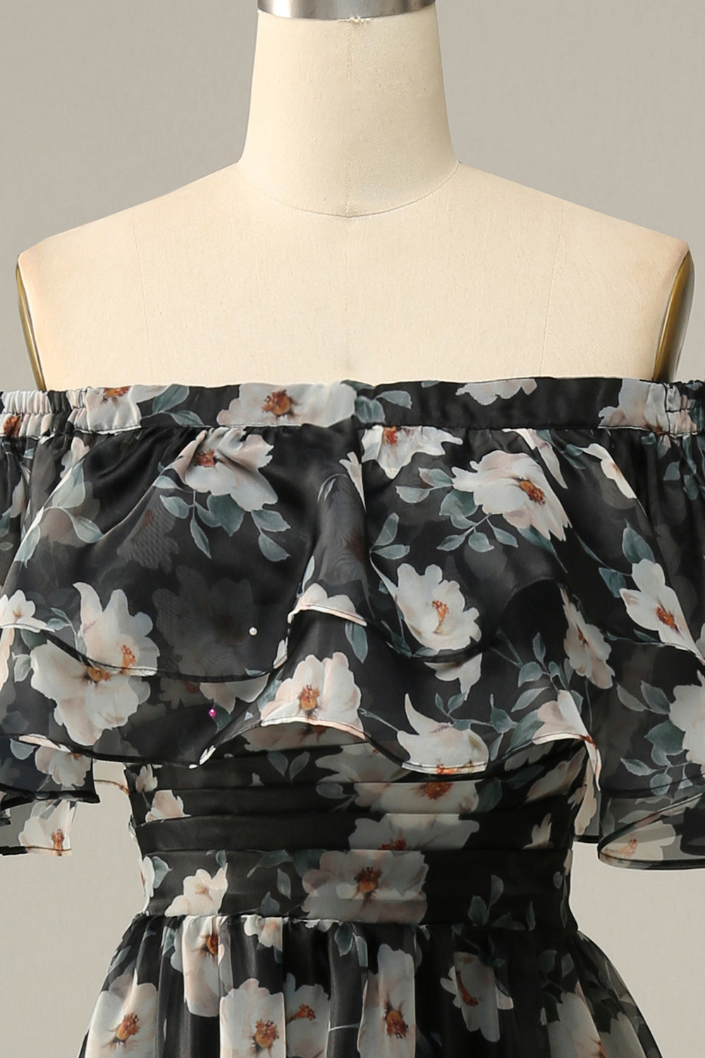 Flor negro hombro descubierto vestido de fiesta