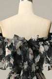Flor negro hombro descubierto vestido de fiesta