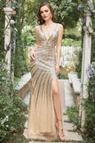 Sirena Cuello en V Dorado Vestido de Fiesta