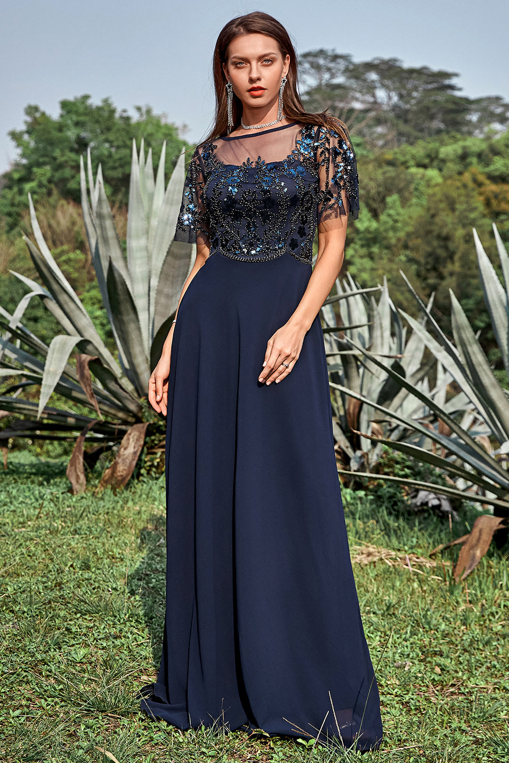 Azul Marina Vestido de Madrina Mangas Cortas