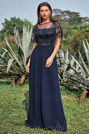 Azul Marina Vestido de Madrina Mangas Cortas